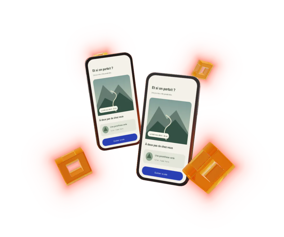 Deux téléphones en 3D présentent le concept Sillage, entourés de cristaux dorés.